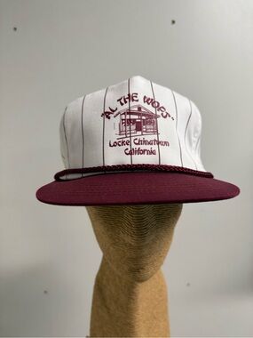 Vintage 1990s souvenir Chinatown baseball hat with pinstripes and maroon brim